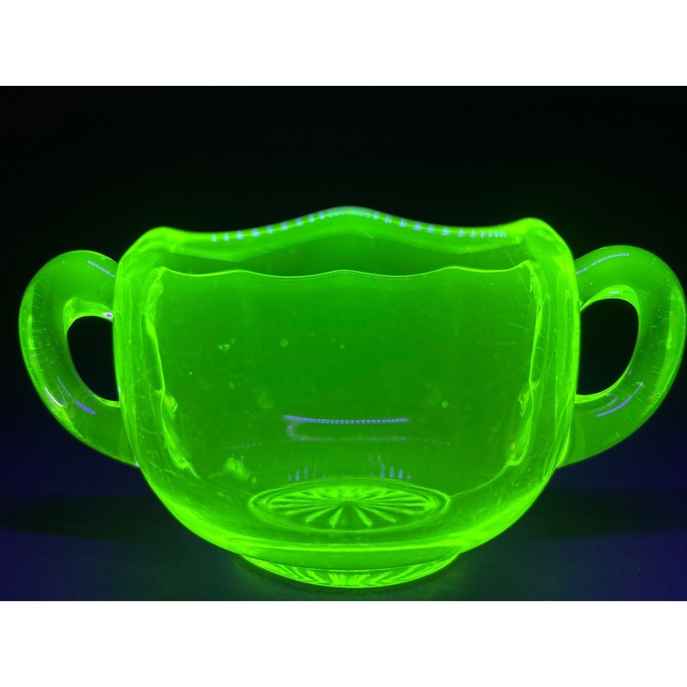 Vintage Uranium Glass Sugar Bowl Vaseline Glass Scalloped Edge Double Handle